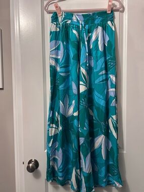 Wide-Leg Tropical Print Pants - Teal & Blue
